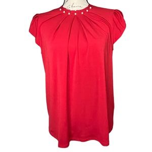 Elle Woman’s Pearl Pleated Red Crew Neck Short Sleeve Blouse Size XS